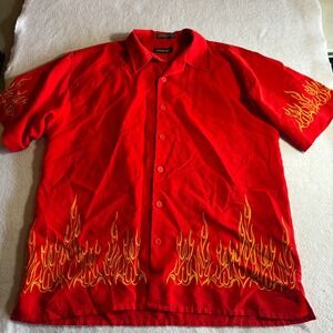 PERRUZO Red Flame Embroidered Short Sleeve Button Up Shirt Men's Size L‎